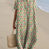 Molly - Retro Floral Dress in Aqua Green